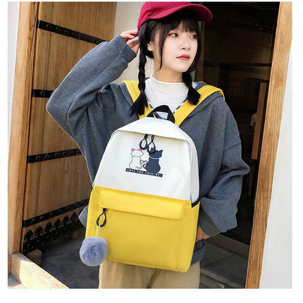 4-Piece Orange Student Backpack Set with Cat Print - Durable Canvas School Bag Combo - Includes Backpack, Tote Bag, Crossbody Bag & Pencil Case.