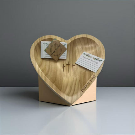 Solid Pine Wood Heart Prayer Bowl with 48 Prayer Cards - Handcrafted Gift for Communion & Home Decor.