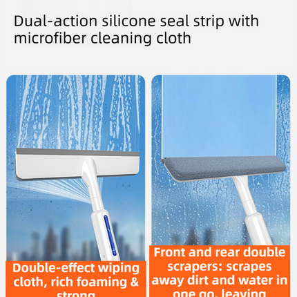 3-in-1 Spray Window Squeegee with 30cm Clean-Panel & 115cm Extension Pole - Multi-functional Spray, Scrub & Squeegee Tool with 3 Microfiber Cloths.