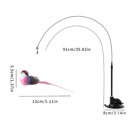 Interactive Self-Play Cat Wand with Suction Base - Automatic Bouncing Teaser Including Bell & 3 Bird Attachments(Pink).