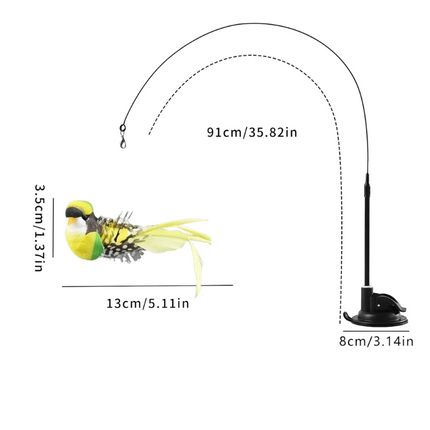 Interactive Self-Play Cat Wand with Suction Base - Automatic Bouncing Teaser Including Bell & 3 Bird Attachments(Yellow).
