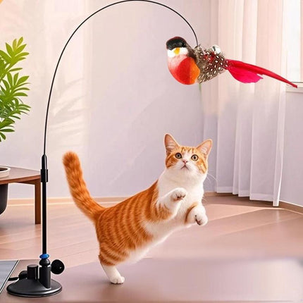 Interactive Self-Play Cat Wand with Suction Base, Feather & Bell - Automatic Bouncing Teaser(White).