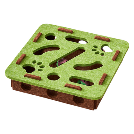 Green-Brown Felt Puzzle Square Shape Box Cat Toy with 2 Metal Bell Balls - Scratch-Resistant & Interactive Hide-and-Seek Toy, Brain Stimulating Fun.