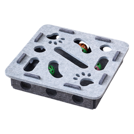 Grey Felt Puzzle Square Shape Box Cat Toy with 2 Metal Bell Balls - Scratch-Resistant & Interactive Hide-and-Seek Toy, Brain Stimulating Fun.