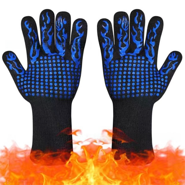 One Pair Blue Extreme Heat Resistant BBQ Gloves (800°C/1472°F) - Non-Slip Silicone Coated Fireproof Mitts for Smoker, Oven & Industrial Use.