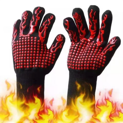 One Pair Red Extreme Heat Resistant BBQ Gloves (800°C/1472°F) - Non-Slip Silicone Coated Fireproof Mitts for Smoker, Oven & Industrial Use.