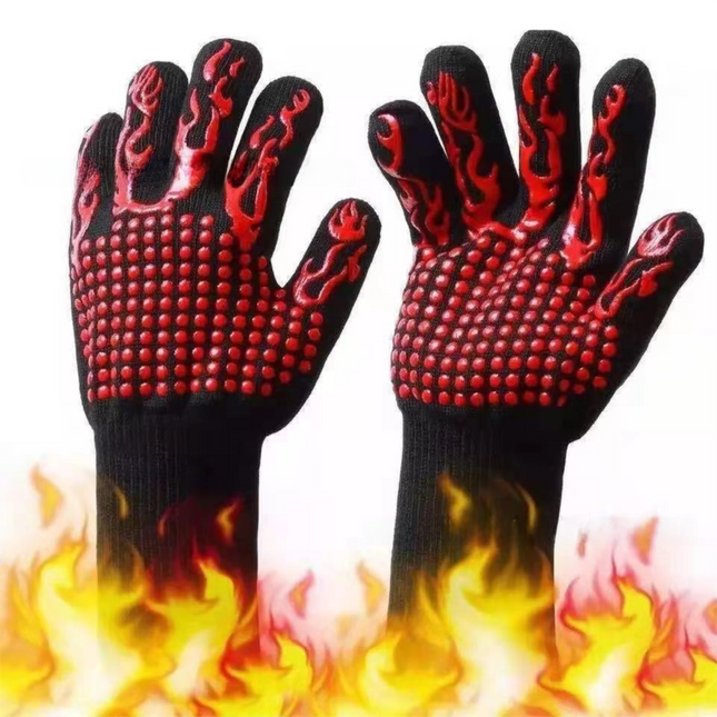 One Pair Red Extreme Heat Resistant BBQ Gloves (800°C/1472°F) - Non-Slip Silicone Coated Fireproof Mitts for Smoker, Oven & Industrial Use.