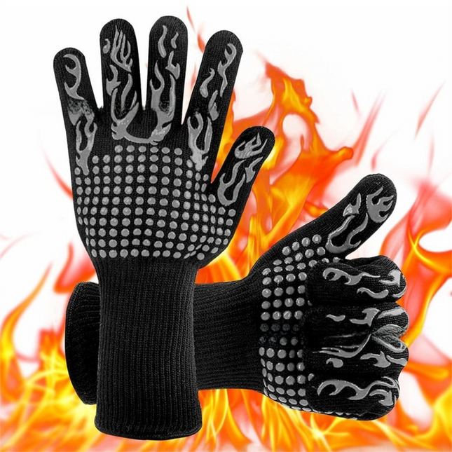 One Pair Grey Extreme Heat Resistant BBQ Gloves (800°C/1472°F) - Non-Slip Silicone Coated Fireproof Mitts for Smoker, Oven & Industrial Use.