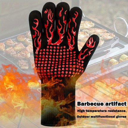 One Pair Grey Extreme Heat Resistant BBQ Gloves (800°C/1472°F) - Non-Slip Silicone Coated Fireproof Mitts for Smoker, Oven & Industrial Use.