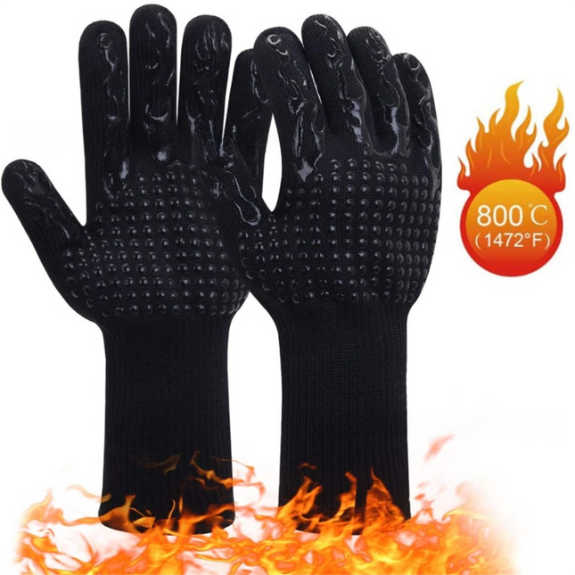One Pair Black Extreme Heat Resistant BBQ Gloves (800°C/1472°F) - Non-Slip Silicone Coated Fireproof Mitts for Smoker, Oven & Industrial Use.