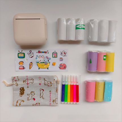 White X6 Mini Portable Bluetooth Instant Photo & Note Printer for Students - Deluxe 20-Piece Gift Set with 12 Paper Rolls, Color Pens & Storage Bag.
