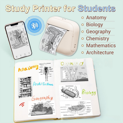 White X6 Mini Portable Bluetooth Instant Photo & Note Printer for Students - Deluxe 20-Piece Gift Set with 12 Paper Rolls, Color Pens & Storage Bag.