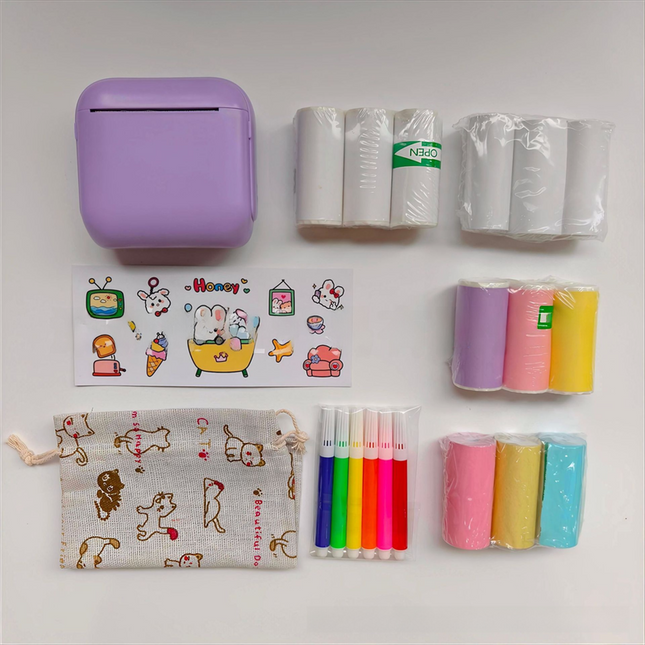 Purple X6 Mini Portable Bluetooth Instant Photo & Note Printer for Students - Deluxe 20-Piece Gift Set with 12 Paper Rolls, Color Pens & Storage Bag.