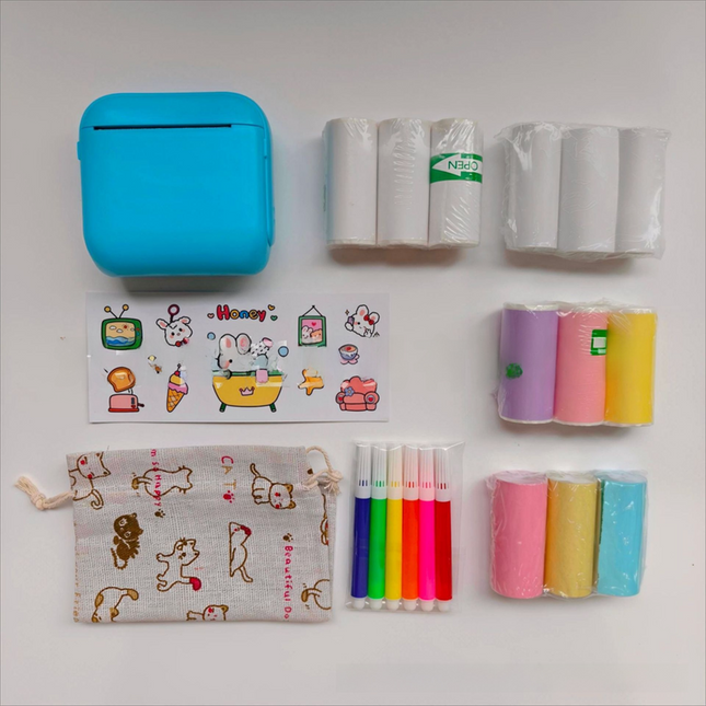 Blue X6 Mini Portable Bluetooth Instant Photo & Note Printer for Students - Deluxe 20-Piece Gift Set with 12 Paper Rolls, Color Pens & Storage Bag.