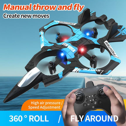 Camouflage Blue 2.4G Remote Control Stunt Fighter Drone  - Manual Toss Launch, One-Key Operation for 360° Flip & Circular Flight, 3-Speed Adjustable Stable Quadcopter with Night Lights.