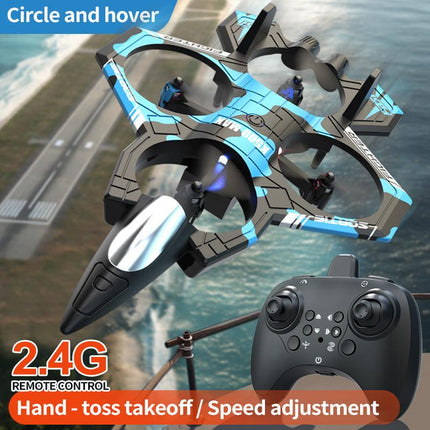 Camouflage Blue 2.4G Remote Control Stunt Fighter Drone  - Manual Toss Launch, One-Key Operation for 360° Flip & Circular Flight, 3-Speed Adjustable Stable Quadcopter with Night Lights.