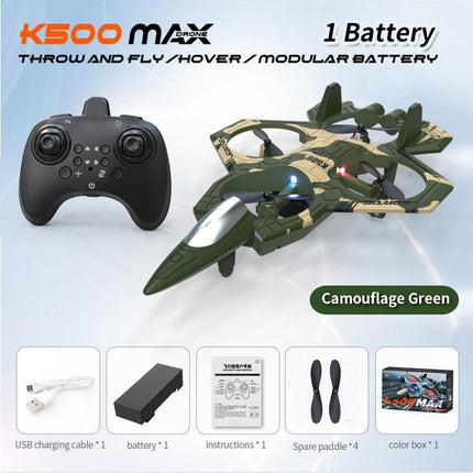 Camouflage Green 2.4G Remote Control Stunt Fighter Drone  - Manual Toss Launch, One-Key Operation for 360° Flip & Circular Flight, 3-Speed Adjustable Stable Quadcopter with Night Lights.