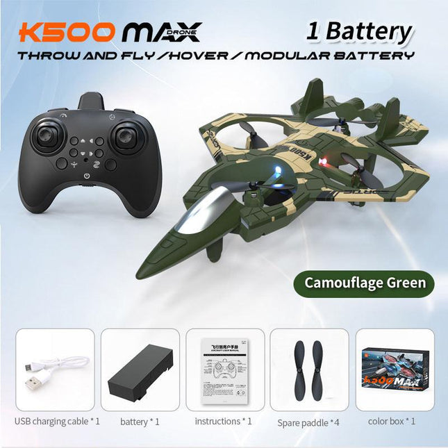Camouflage Green 2.4G Remote Control Stunt Fighter Drone  - Manual Toss Launch, One-Key Operation for 360° Flip & Circular Flight, 3-Speed Adjustable Stable Quadcopter with Night Lights.
