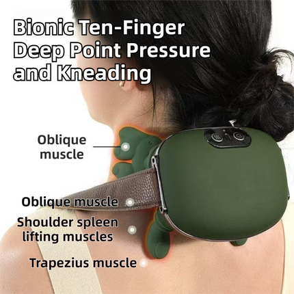 Wireless 4D Bionic 10-Fingers Shoulder & Neck Massager - EMS Micro-current & Vibration Neck Reliever with 2-Level Red Light Heat.