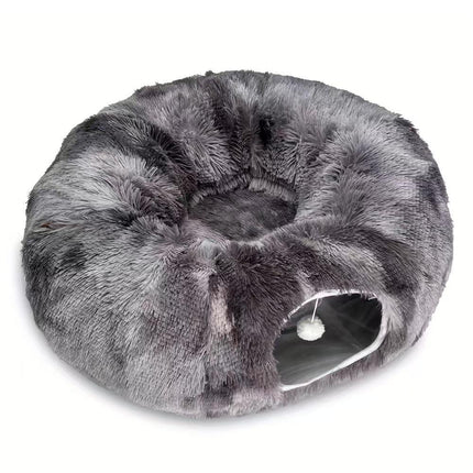 2-in-1 Dark Grey Tie-Dye Donut-Shaped Cat Tunnel Bed -  Spacious 85cm Pet Play Tunnel & Lounger, Durable Fabric for Cats & Kittens.