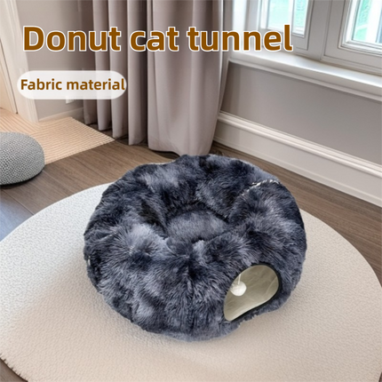 2-in-1 Dark Grey Tie-Dye Donut-Shaped Cat Tunnel Bed -  Spacious 85cm Pet Play Tunnel & Lounger, Durable Fabric for Cats & Kittens.