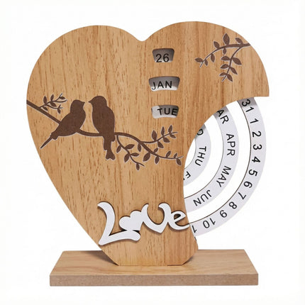 Artistic Heart Timber Perpetual Calendar Decoration(19.5x15.5 CM) - Manual Rotating Date Tracker.