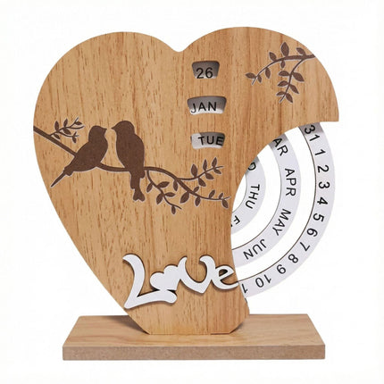 Artistic Heart Timber Perpetual Calendar Decoration(19.5x15.5 CM) - Manual Rotating Date Tracker.