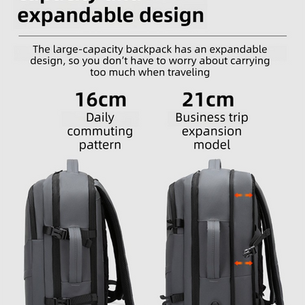 Black Premium Business Expandable Travel Backpack with External USB Charging - 20-35L Large-Capacity & Waterproof Commuter Daypack.