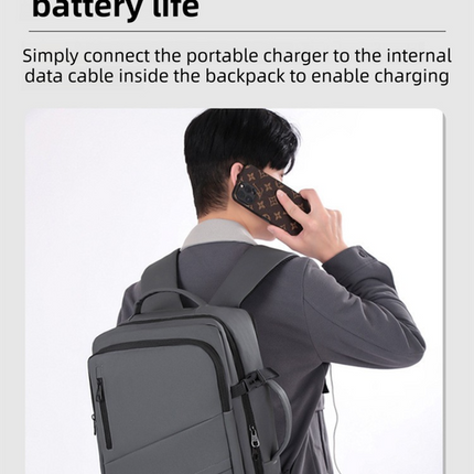 Black Premium Business Expandable Travel Backpack with External USB Charging - 20-35L Large-Capacity & Waterproof Commuter Daypack.