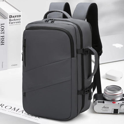 Grey Premium Business Expandable Travel Backpack with External USB Charging - 20-35L Large-Capacity & Waterproof Commuter Daypack.