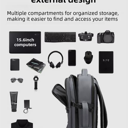 Grey Premium Business Expandable Travel Backpack with External USB Charging - 20-35L Large-Capacity & Waterproof Commuter Daypack.