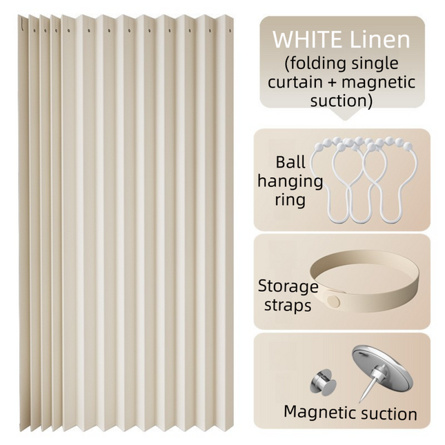 100 X 180 CM White Linen-Look Dust Drill-Free Pull-Curtain - Folding Doorless Closet Divider with Magnetic Closure & Hanging Rings.
