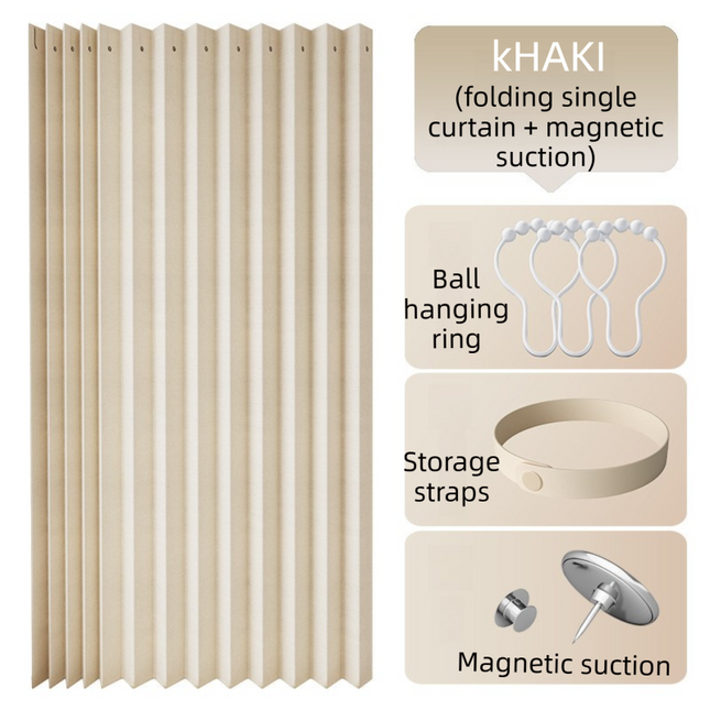100 X 180 CM Khaki Linen-Look Dust Drill-Free Pull-Curtain - Folding Doorless Closet Divider with Magnetic Closure & Hanging Rings.