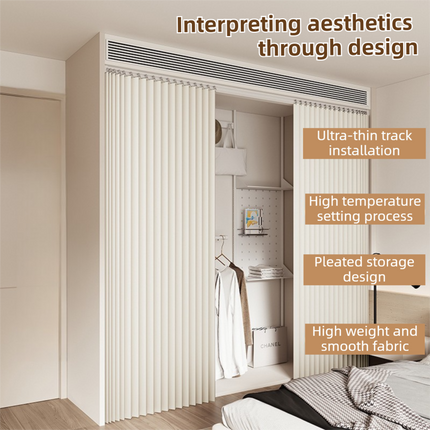 100 X 180 CM Gray Blue Linen-Look Dust Drill-Free Pull-Curtain - Folding Doorless Closet Divider with Magnetic Closure & Hanging Rings.