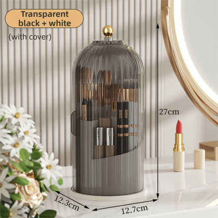 White 360° Rotating Makeup Brush Holder with Black Transparent Dust-Proof Sliding Door - Large Capacity Cosmetic Organizer, Professionaln Gradient Dual Zones.