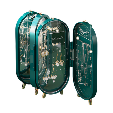 Green 4-Layer Retractable Screen-Style Jewelry Display Stand With Mirror Zone - Dust-Proof Necklace & Earring Organizer Case for Vanity.