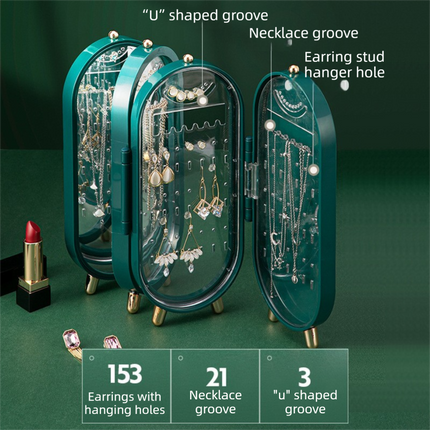 Green 4-Layer Retractable Screen-Style Jewelry Display Stand With Mirror Zone - Dust-Proof Necklace & Earring Organizer Case for Vanity.