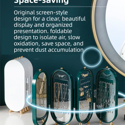 Green 4-Layer Retractable Screen-Style Jewelry Display Stand With Mirror Zone - Dust-Proof Necklace & Earring Organizer Case for Vanity.