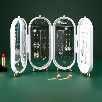 White 4-Layer Retractable Screen-Style Jewelry Display Stand With Mirror Zone - Dust-Proof Necklace & Earring Organizer Case for Vanity.
