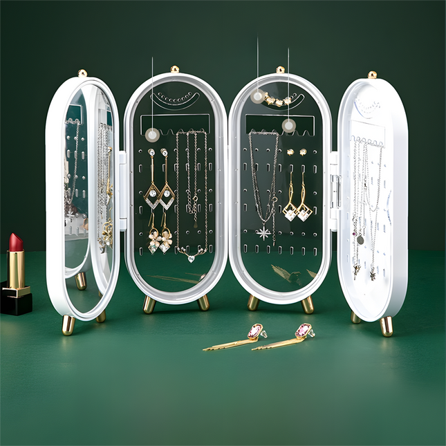 White 4-Layer Retractable Screen-Style Jewelry Display Stand With Mirror Zone - Dust-Proof Necklace & Earring Organizer Case for Vanity.