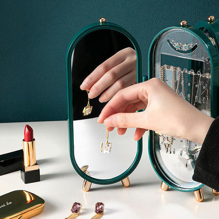 White 4-Layer Retractable Screen-Style Jewelry Display Stand With Mirror Zone - Dust-Proof Necklace & Earring Organizer Case for Vanity.