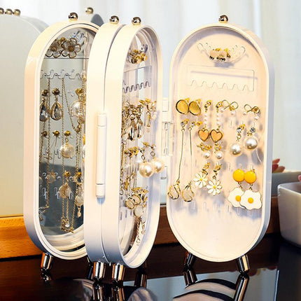 White 4-Layer Retractable Screen-Style Jewelry Display Stand With Mirror Zone - Dust-Proof Necklace & Earring Organizer Case for Vanity.