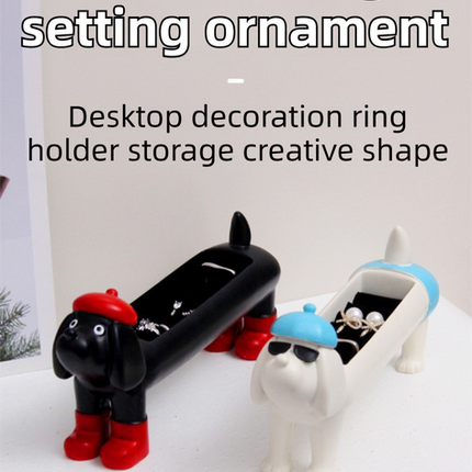 White Resin Dachshund Puppy Ring Earring Tray with Sponge Slots - Unique Dog Lover Gift.
