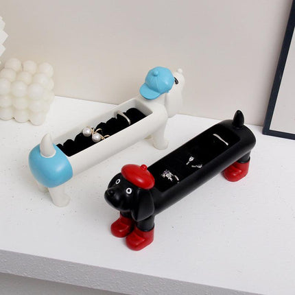 White Resin Dachshund Puppy Ring Earring Tray with Sponge Slots - Unique Dog Lover Gift.