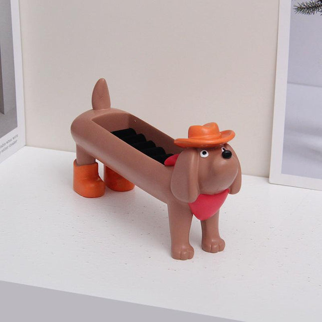 Brown Resin Dachshund Puppy Ring Earring Tray with Sponge Slots - Unique Dog Lover Gift.