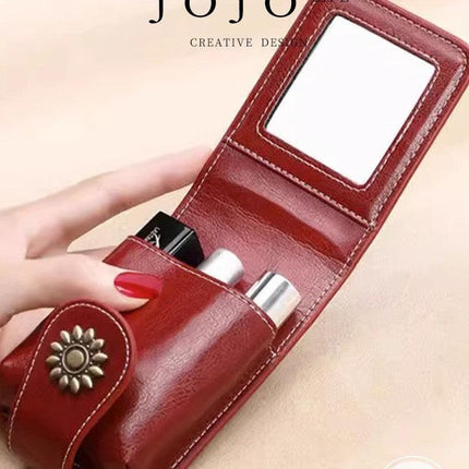 Wine-Red Sleek Compact PU Leather Flap-Top Lip Gloss Organizer with Built-in Mirror.