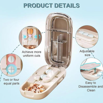 Black Portable Mini Pill Organizer with 1/2 & 1/4 Precision Cutter - 3-Compartment Daily Travel Medicine Case with Rolling Knob Lock.