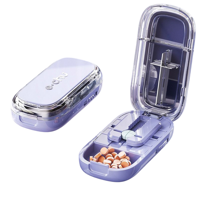 Purple Portable Mini Pill Organizer with 1/2 & 1/4 Precision Cutter - 3-Compartment Daily Travel Medicine Case with Rolling Knob Lock.