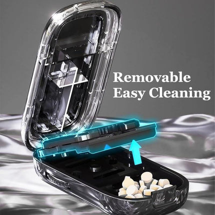 Grey Portable Mini Pill Organizer with 1/2 & 1/4 Precision Cutter - 3-Compartment Daily Travel Medicine Case with Rolling Knob Lock.