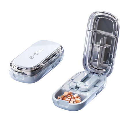 Blue Portable Mini Pill Organizer with 1/2 & 1/4 Precision Cutter - 3-Compartment Daily Travel Medicine Case with Rolling Knob Lock.